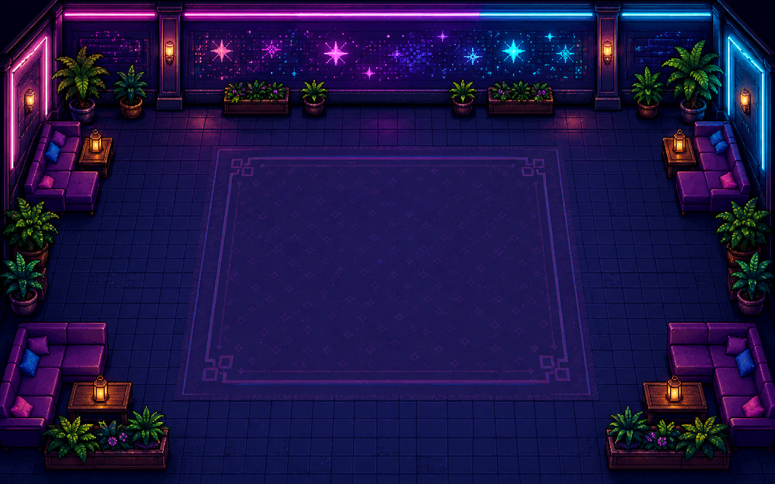 A pixel-art social lounge decorated with sofas, plants and neon lights